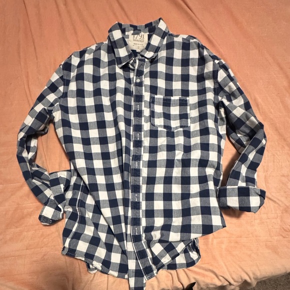Navy and White Plaid Casual Button Down Shirt - Picture 1 of 4